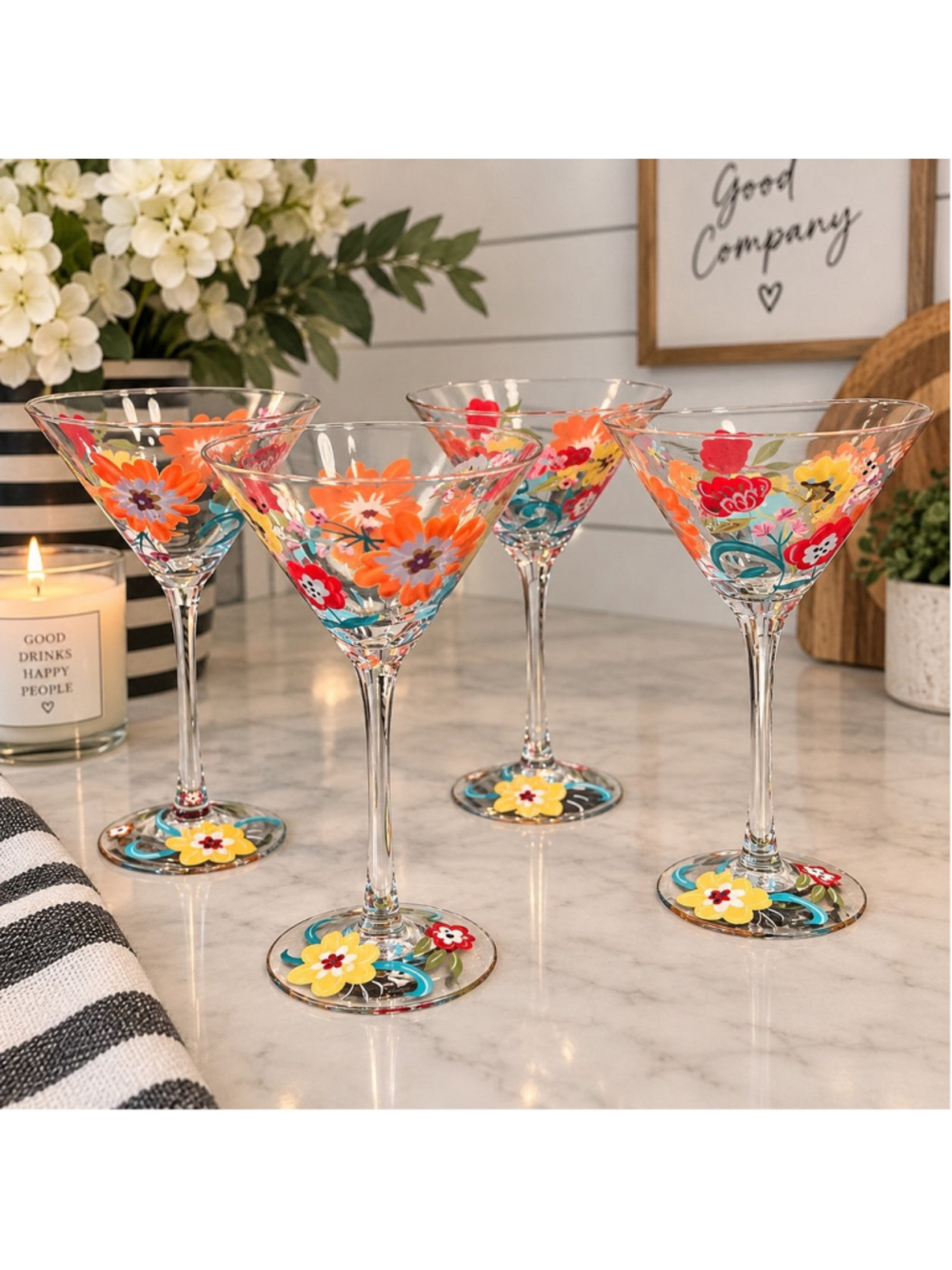 Pier 1 Imports Spring Floral Hand Painted Martini Drinking Glasses ~ Set of 4